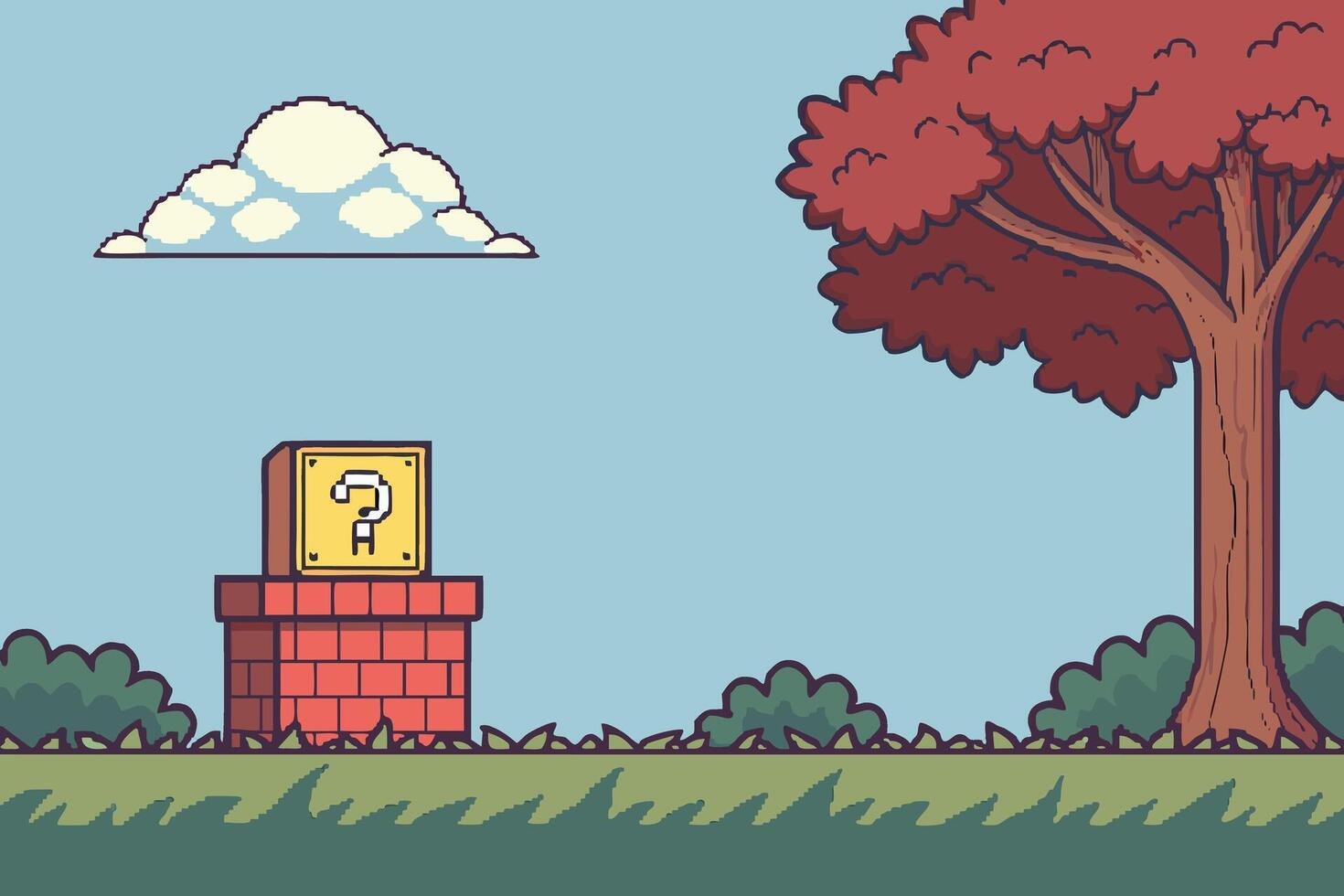 Pixelated Question Block on Brick Platform with Tree and Clouds vector
