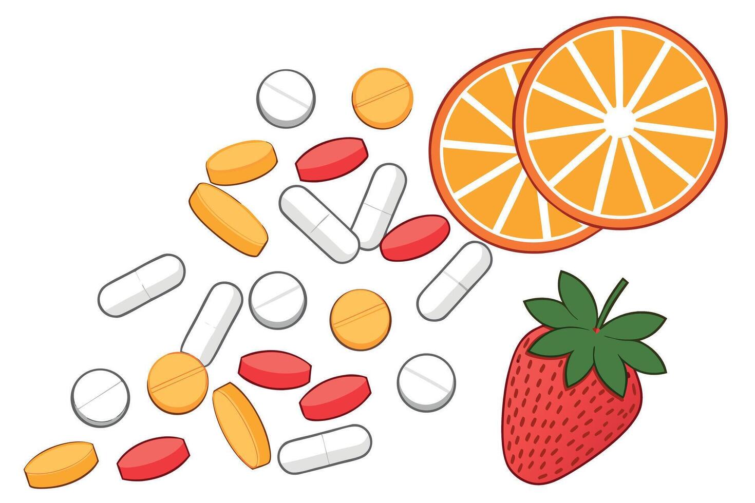 Assorted pills and fruit slices on white background vector