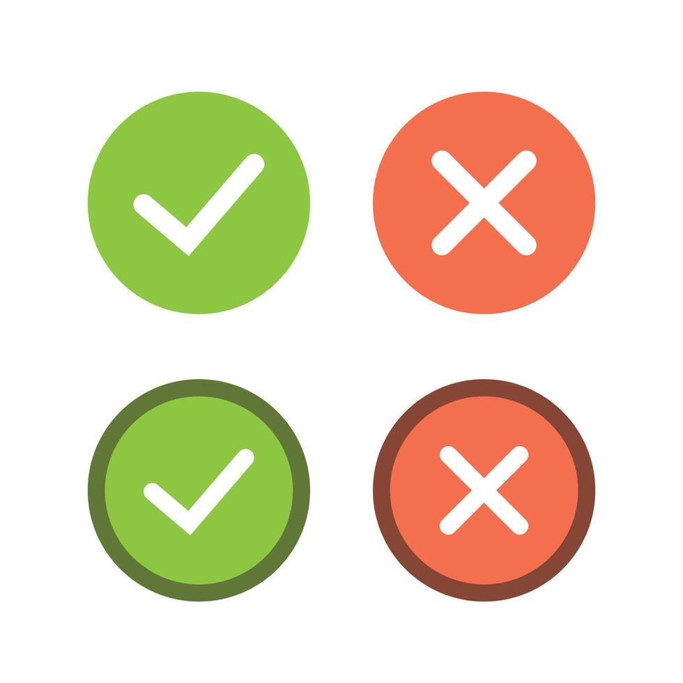 Set of color green and red round check mark and cross mark signs. vector