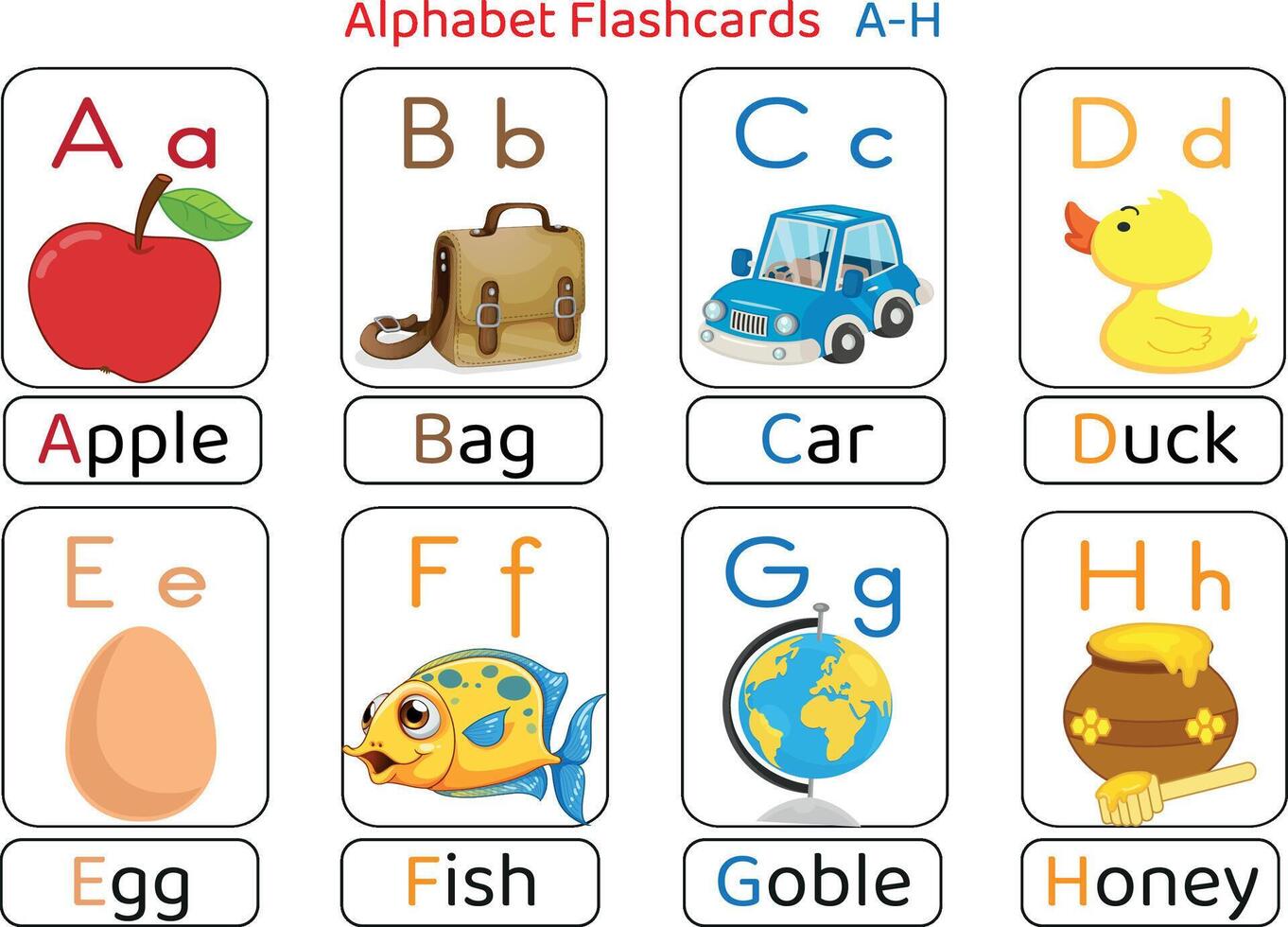 Alphabet flashcards A to H for kids vector