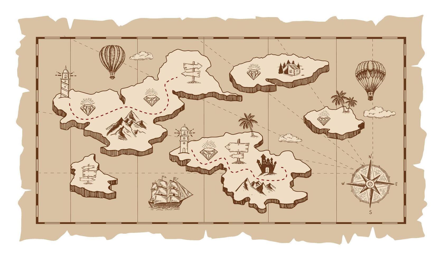 Vintage treasure map illustration with a compass, and an island vector