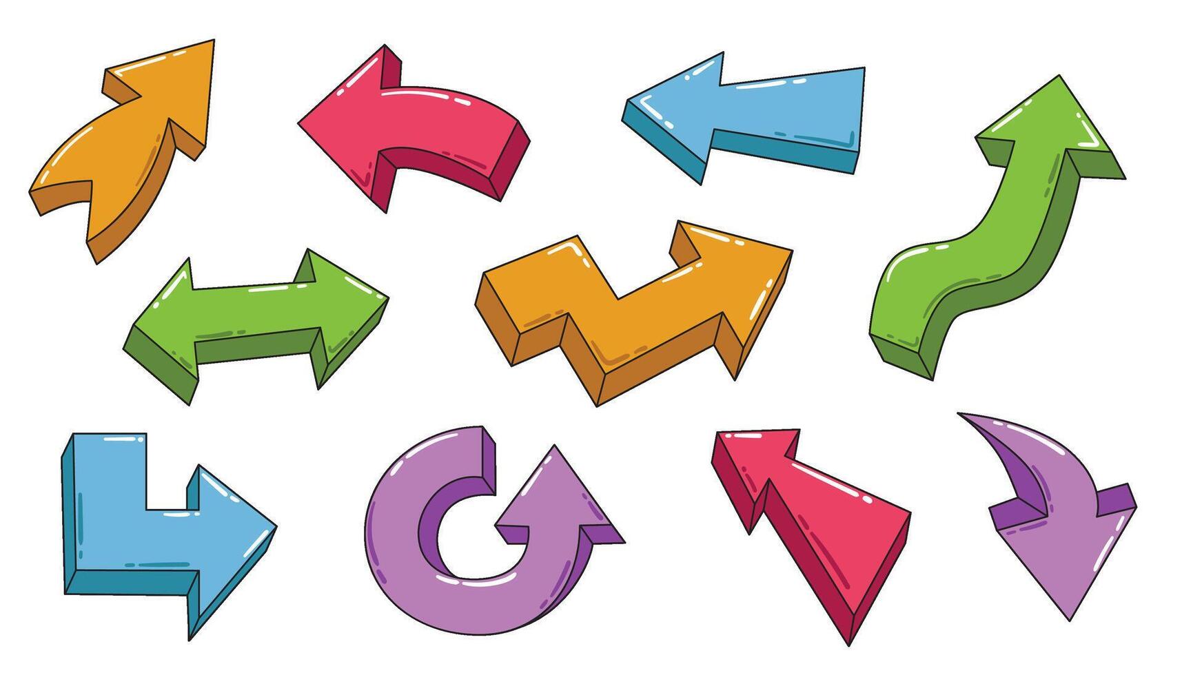 A set of colored volume arrows with different directions. A clipart for creating stickers, diaries, or presentations vector