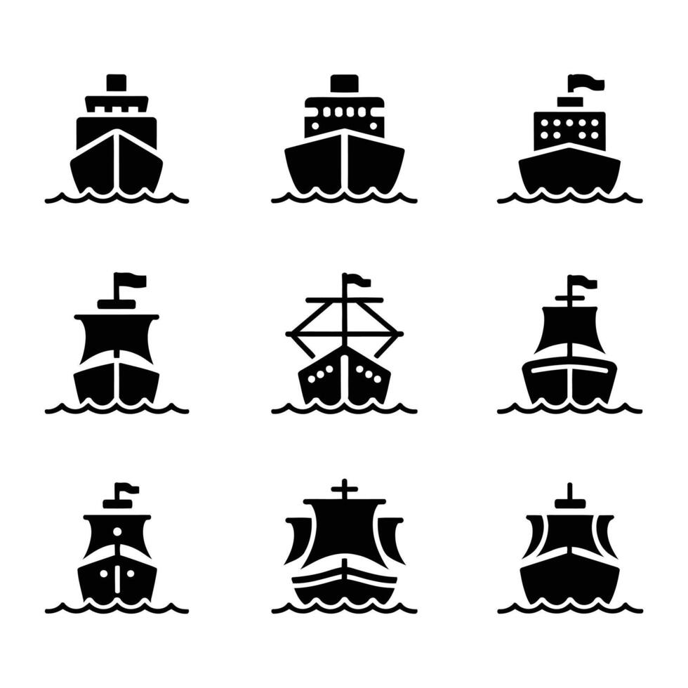 Silhouette icons showcase various ship types navigating on the ocean waves against white background vector