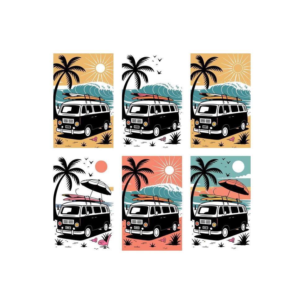 Black van with surfboards on roof at beach with palm trees and waves vector