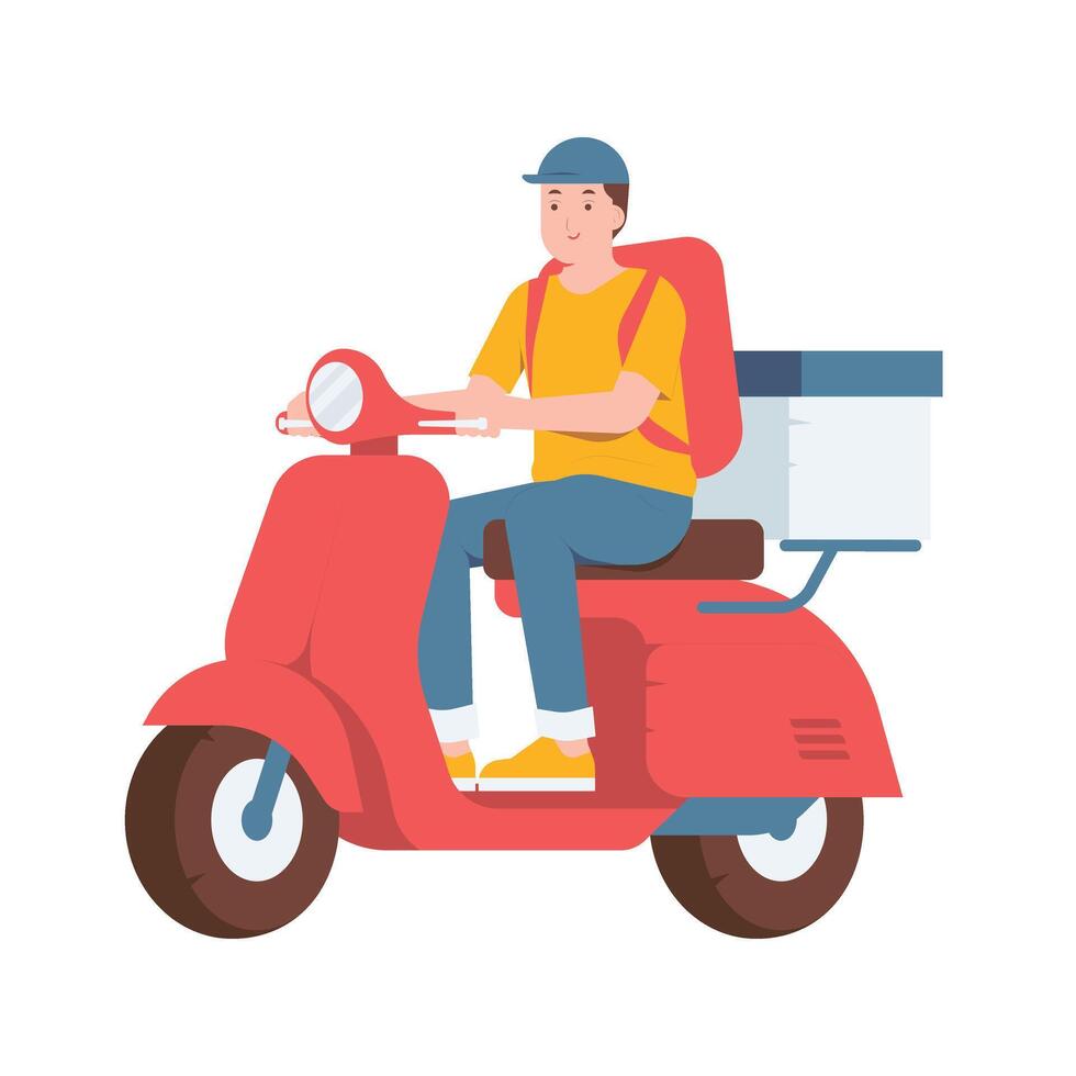 Delivery rider on a red scooter vector