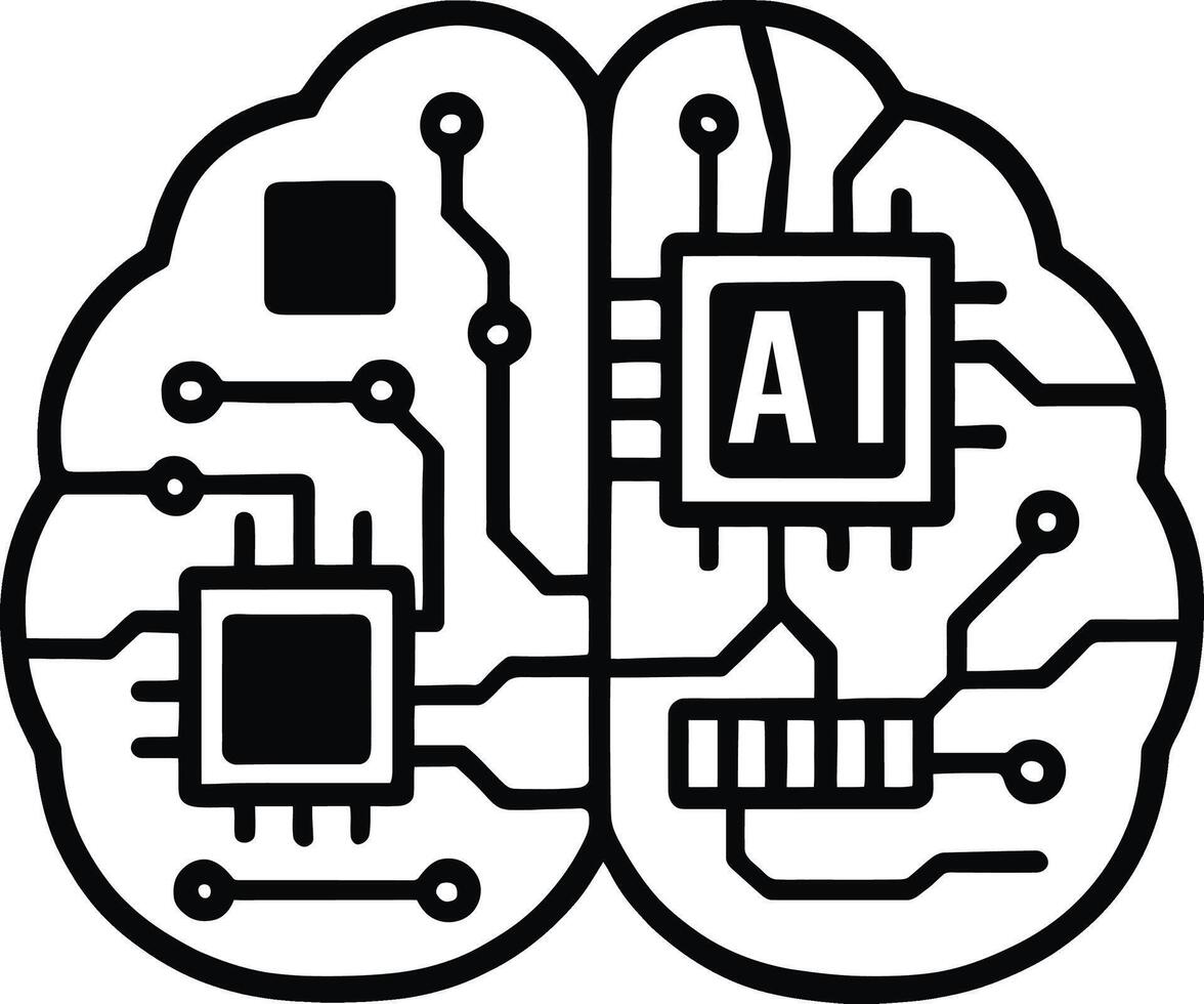 AI-Powered Brain Circuit Design, Black and White Illustrator of Technology-Driven Brain with Multiple Microchips and Neural Paths vector