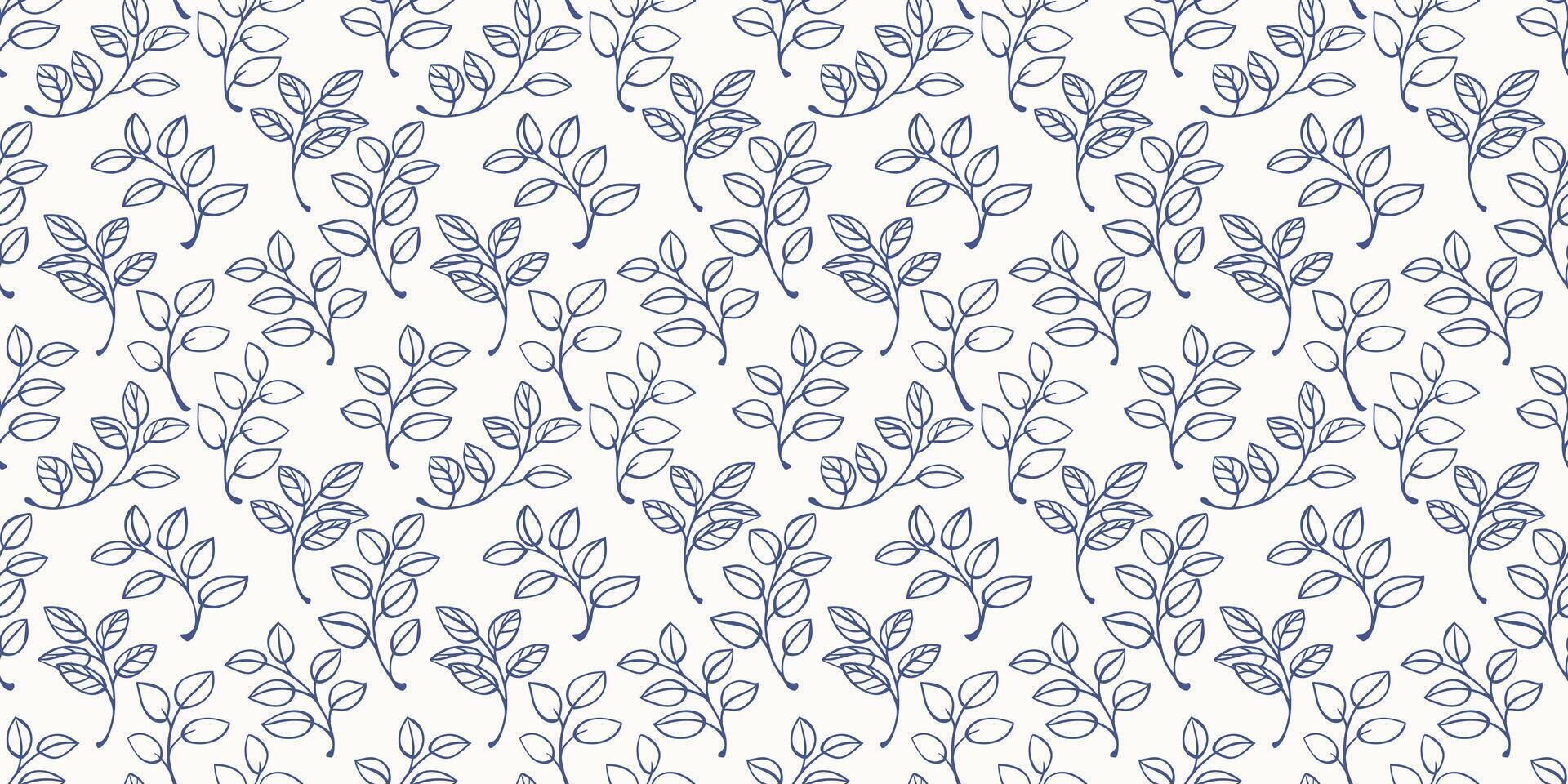 Seamless pattern of blue outline leafy branches on a white background. A soft and minimalist design ideal for eco-themed projects, stationery, textiles, and packaging. vector