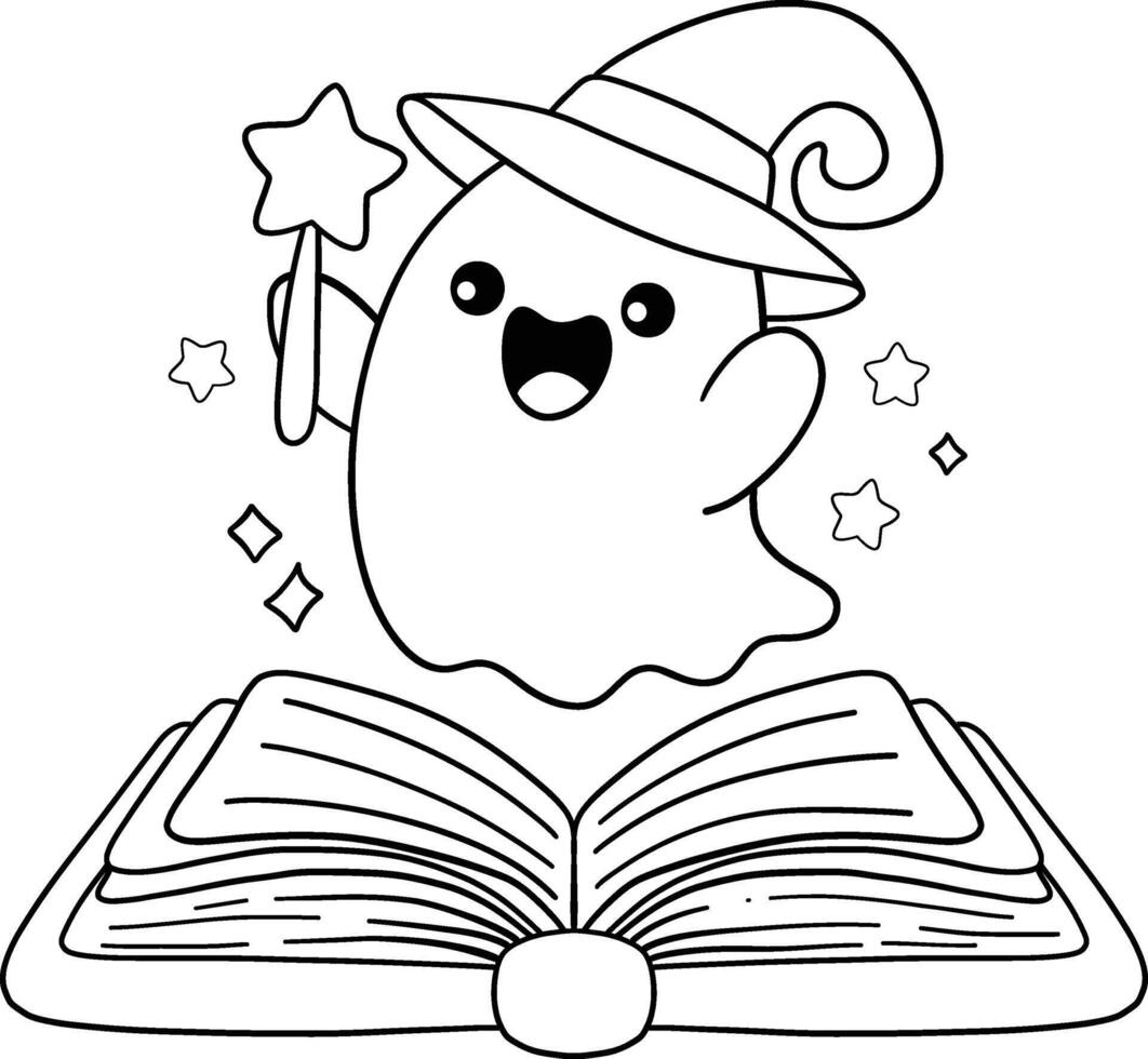 halloween ghost popping from magical book in kid friendly cartoon coloring style vector