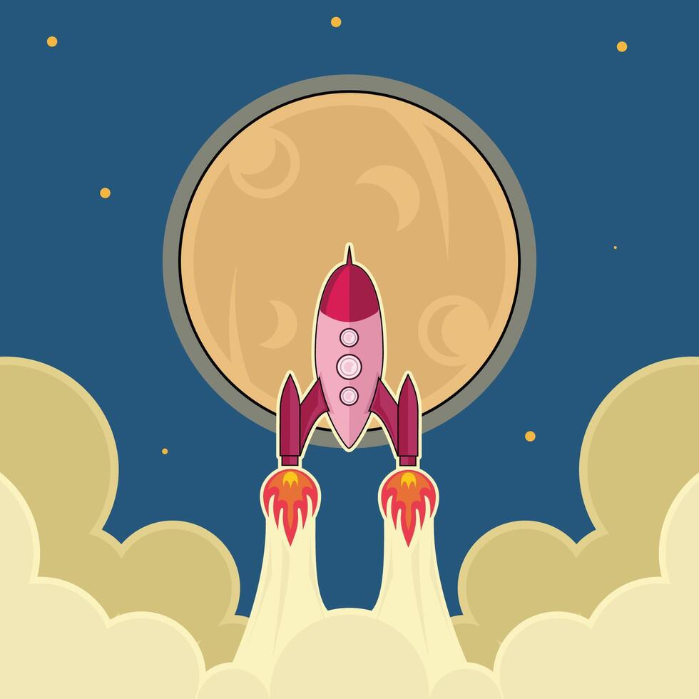 rocket launch into space moon illustration template graphic design . outer space exploration with stars and cloud sky for astronomy and science technology idea with backgrounds in flat style vector