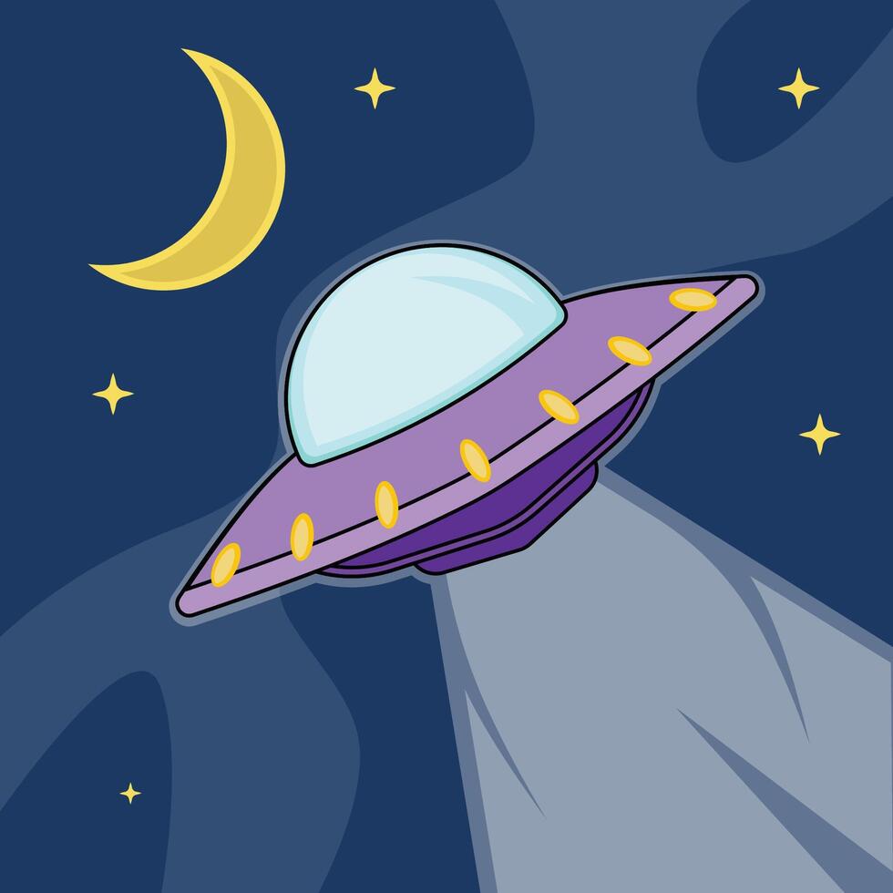 UFO in outer space illustration template graphic design . outer space exploration with stars and moon for astronomy and science fiction idea concept with backgrounds in flat style vector