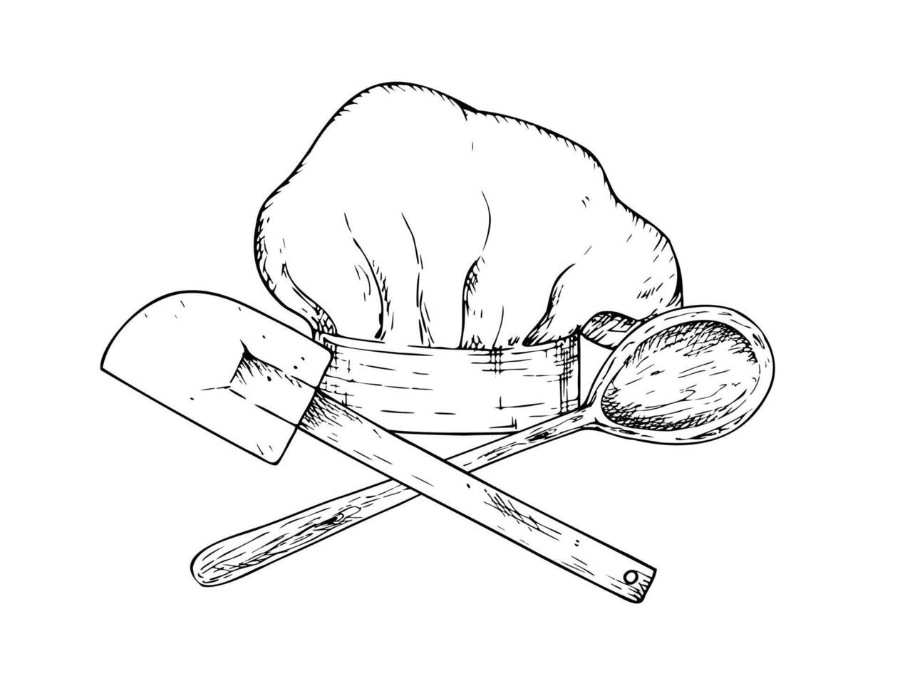 Chef hat emblem with wooden spoon and silicone kitchen spatula. Graphic ink professional cap sign and symbol, kitchen tool illustration isolated on background. Hand drawn line sketch. For vector