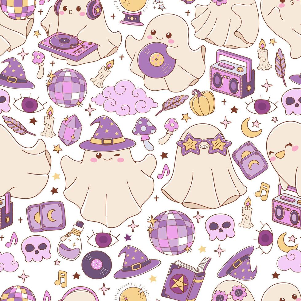 Pattern of cute ghosts and Halloween icons vector