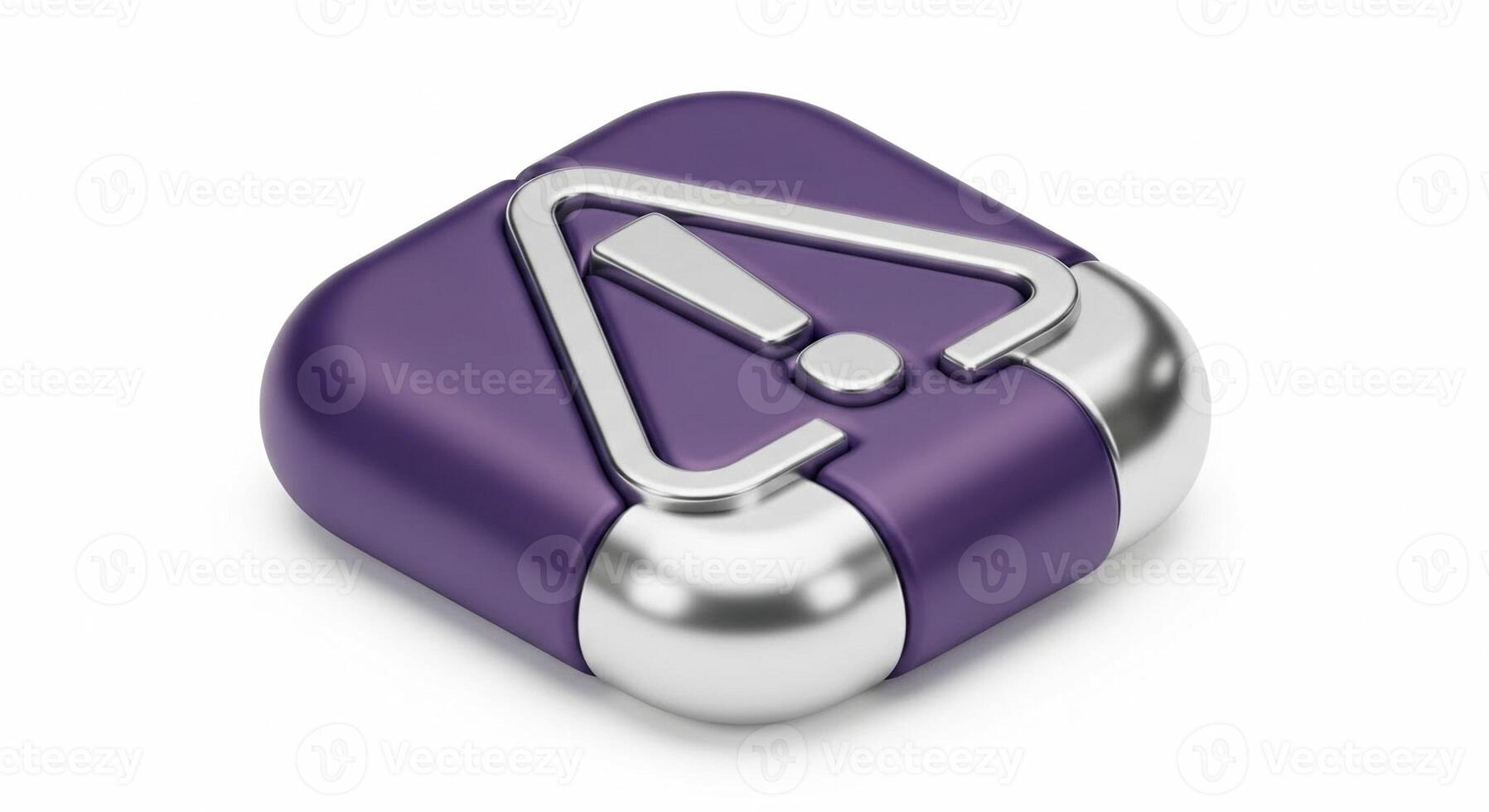 Purple and silver 3D warning icon with an exclamation mark in a triangle isolated on white. photo