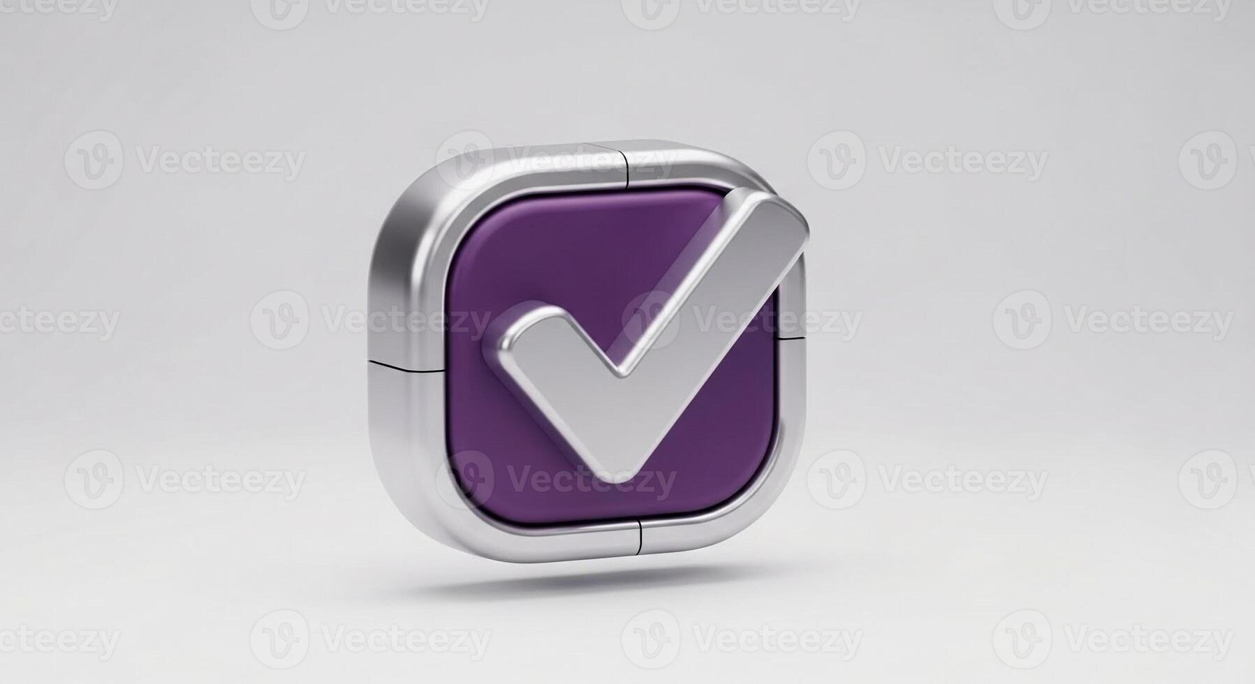 Sleek 3D checkmark icon with a silver tick inside a purple rounded square button. photo