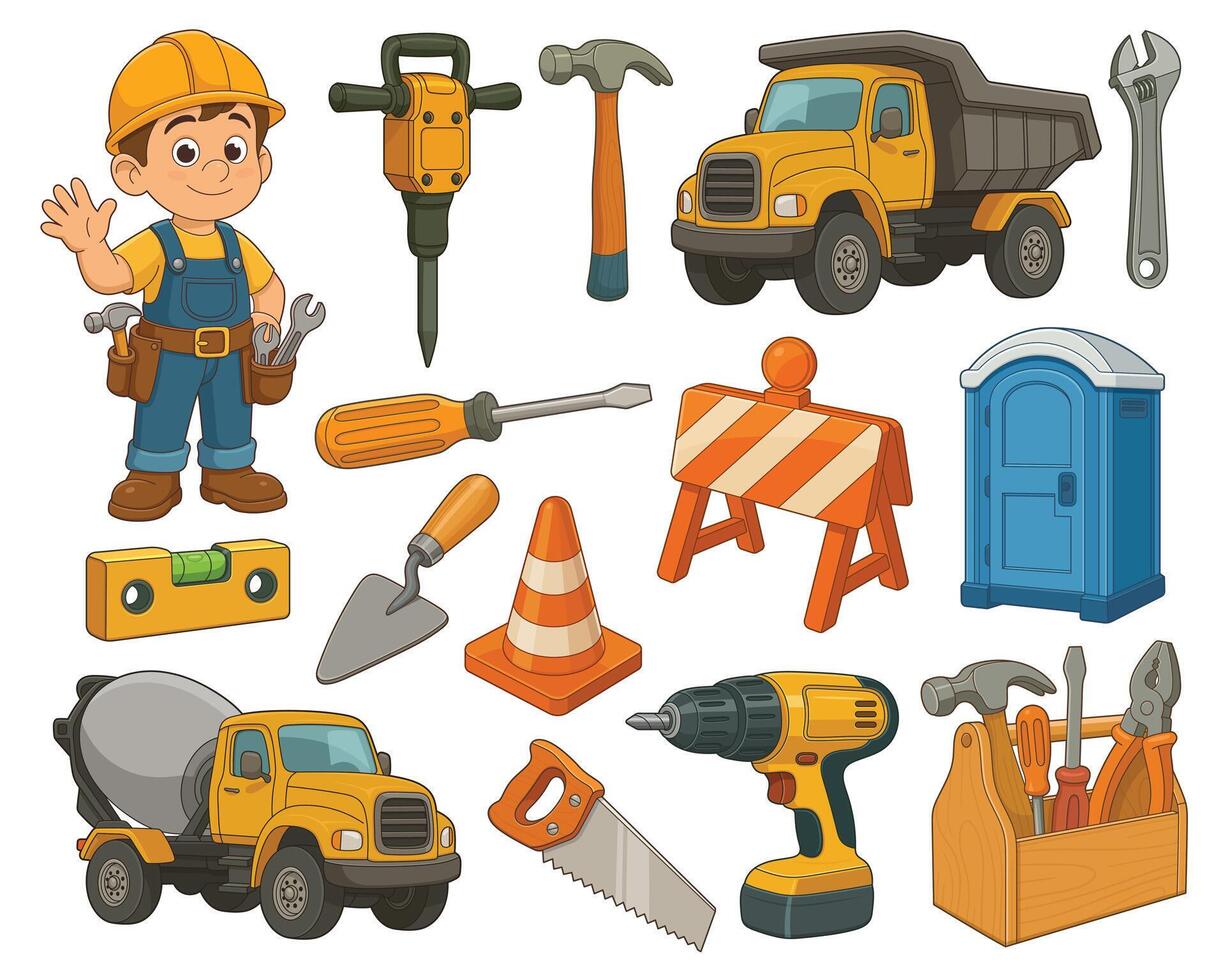 Construction worker and tools illustration vector