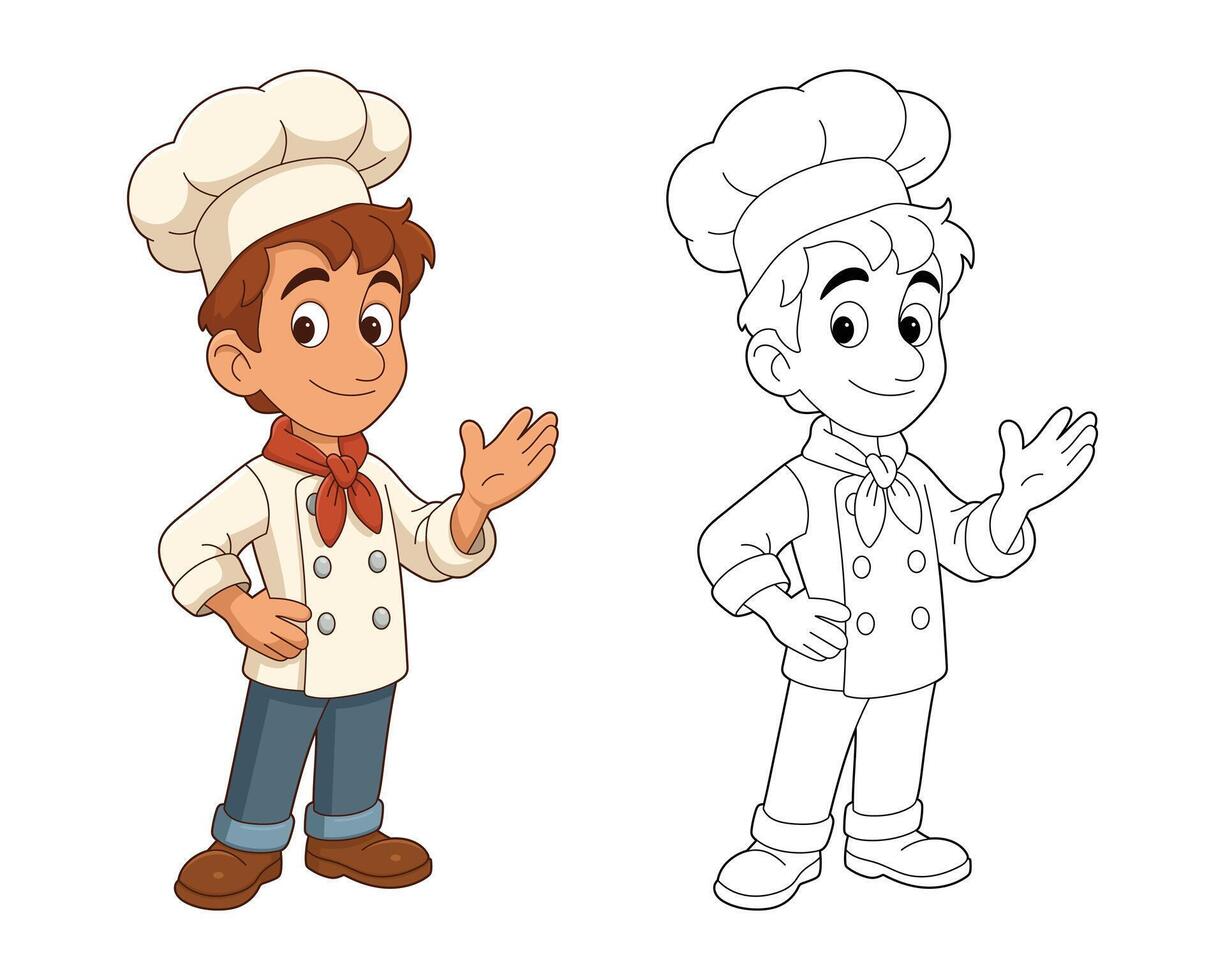 Cartoon chef character in color and outline vector