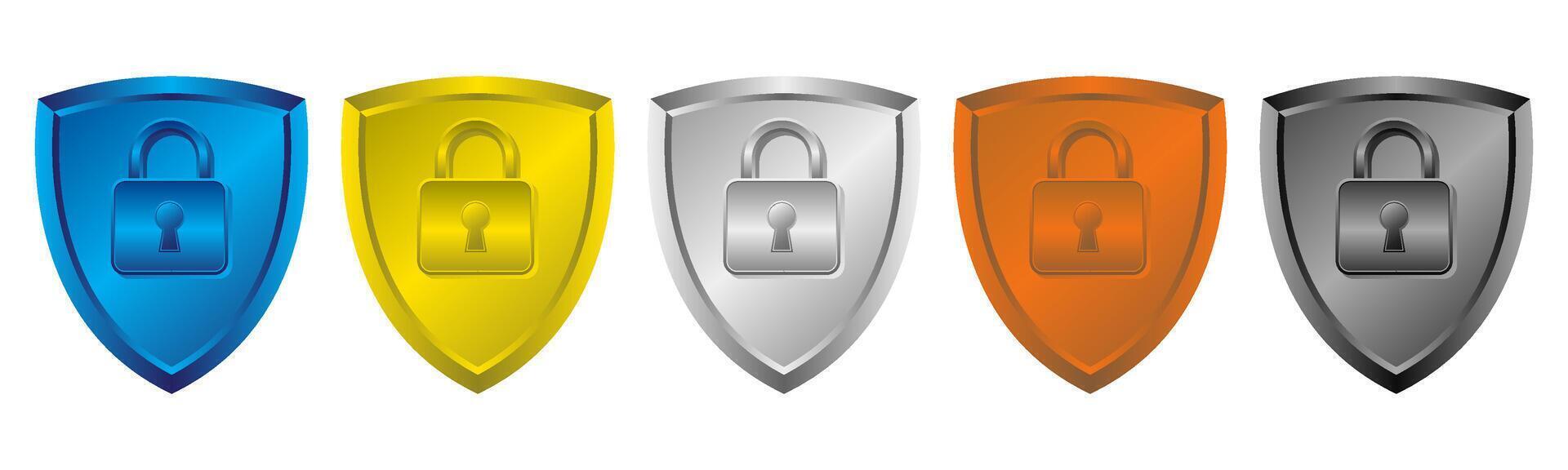 Set of colored shield with padlock on white background illustration. vector