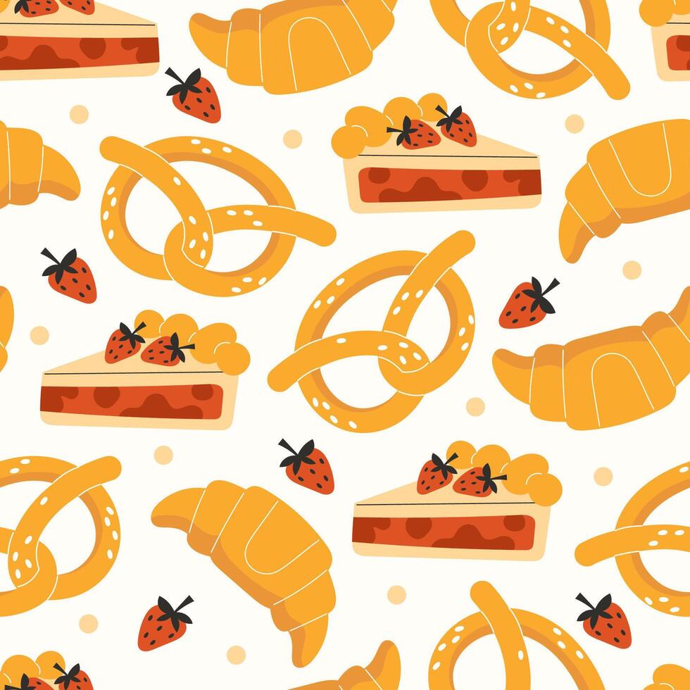 Pattern of croissants, pretzels, and strawberries vector