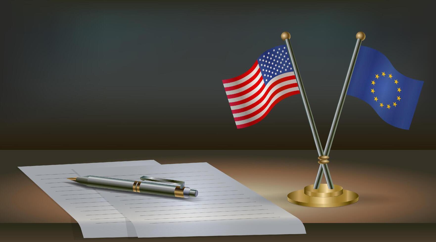 USA and European Union flags on table in office. International relations on a dark gradient color background vector