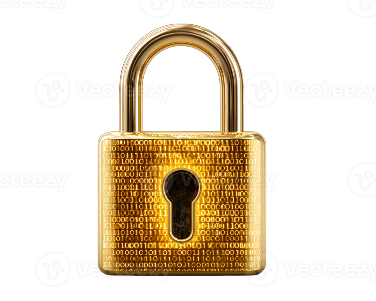 Golden padlock with binary code pattern, digital security concept, isolated on transparency background, symbolizing data protection, encryption, and privacy in modern, futuristic style png