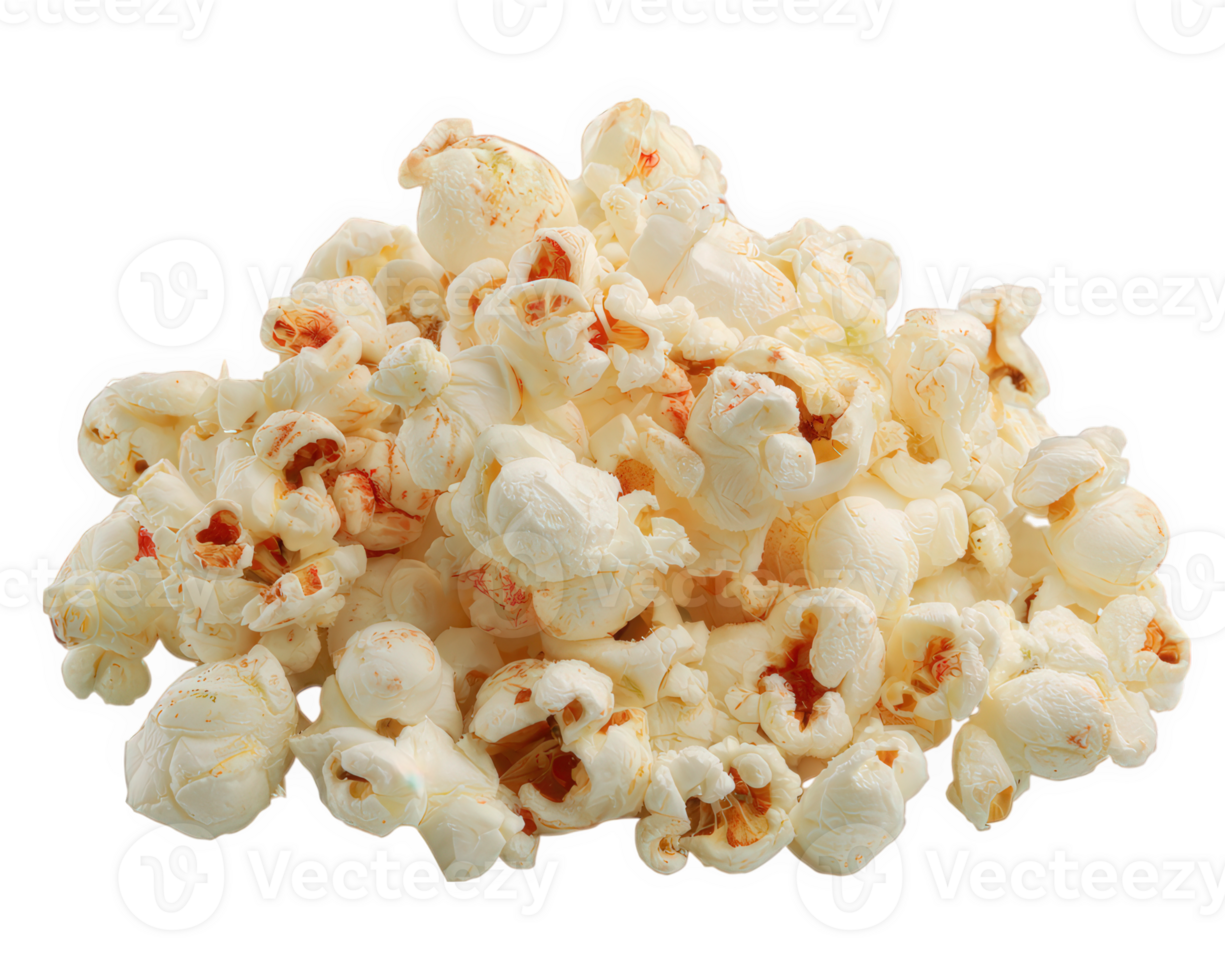 Pile of fluffy popcorn kernels, freshly popped, isolated on transparency background, showing light texture and appetizing appearance, perfect for snack or movie night enjoyment png
