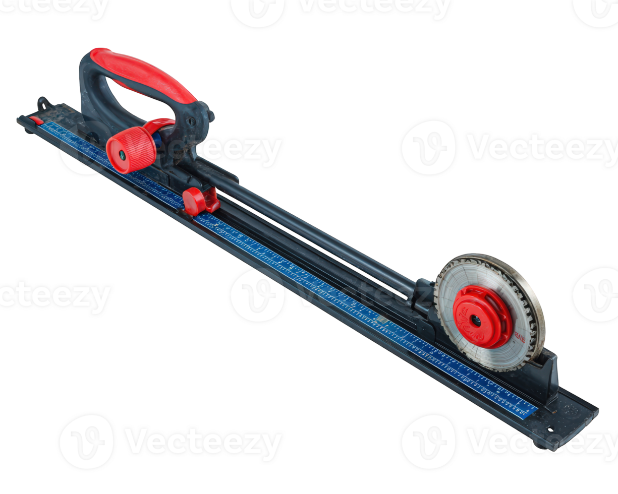 Tile cutter tool with measurement line, manual handle, sharp circular blade, blue and red color, used for cutting ceramic tile, isolated on transparency background png