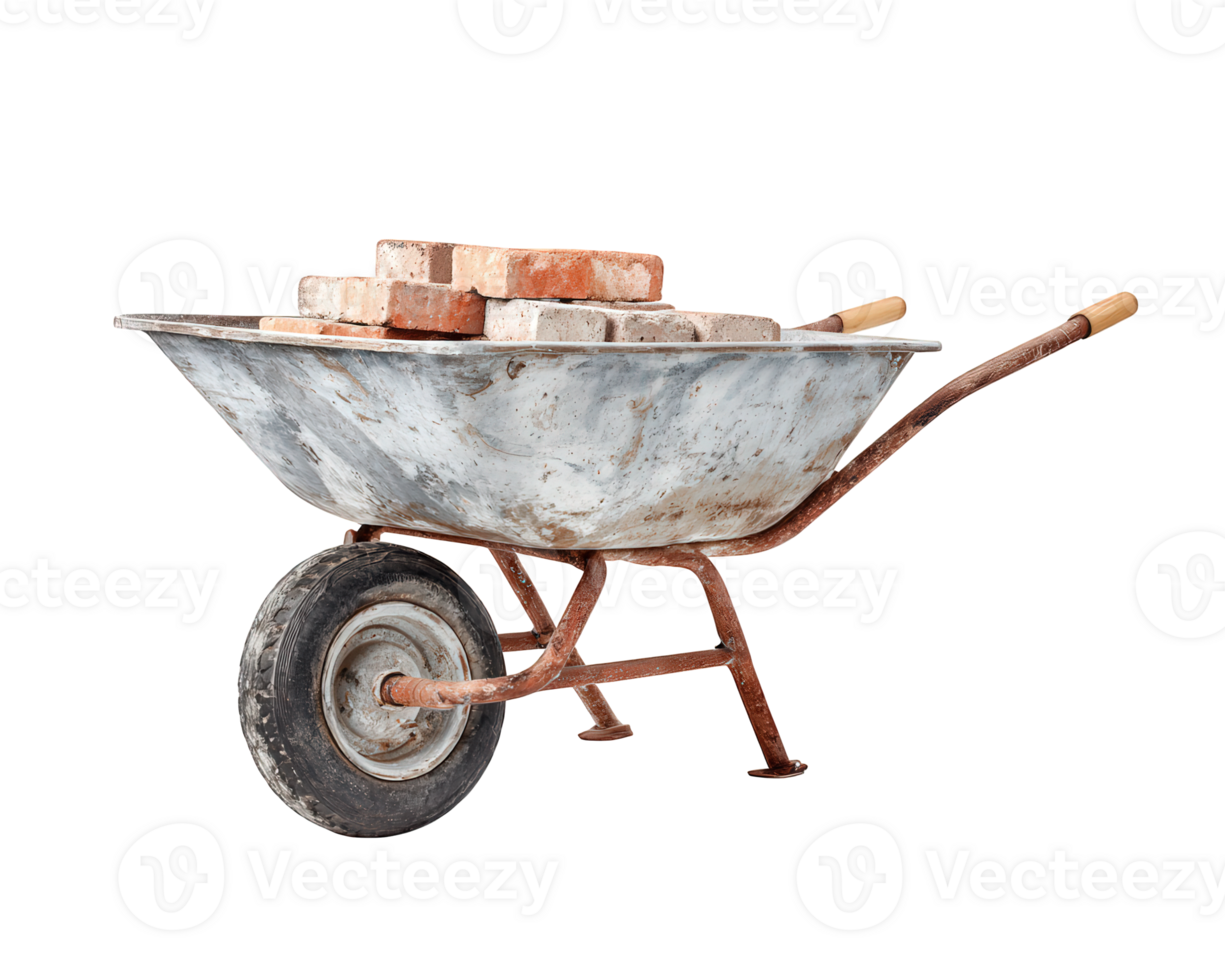 Old metal wheelbarrow loaded with red and gray bricks, isolated on transparency background, construction tool, rustic, worn, practical for building work png