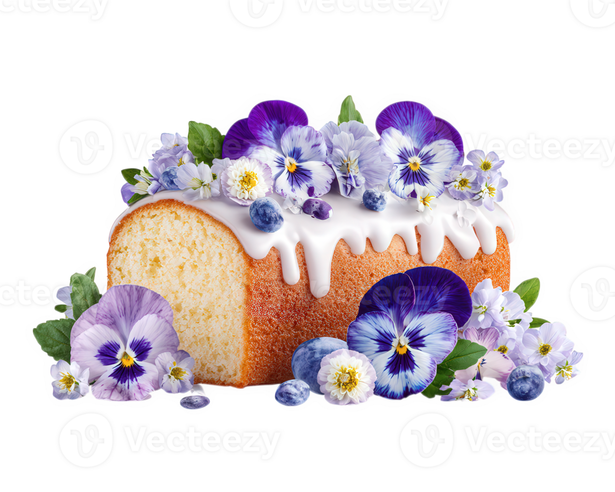 Pound cake with white icing topped with edible flowers, blueberries, and green leaves, isolated on transparency background, vibrant and fresh dessert presentation png