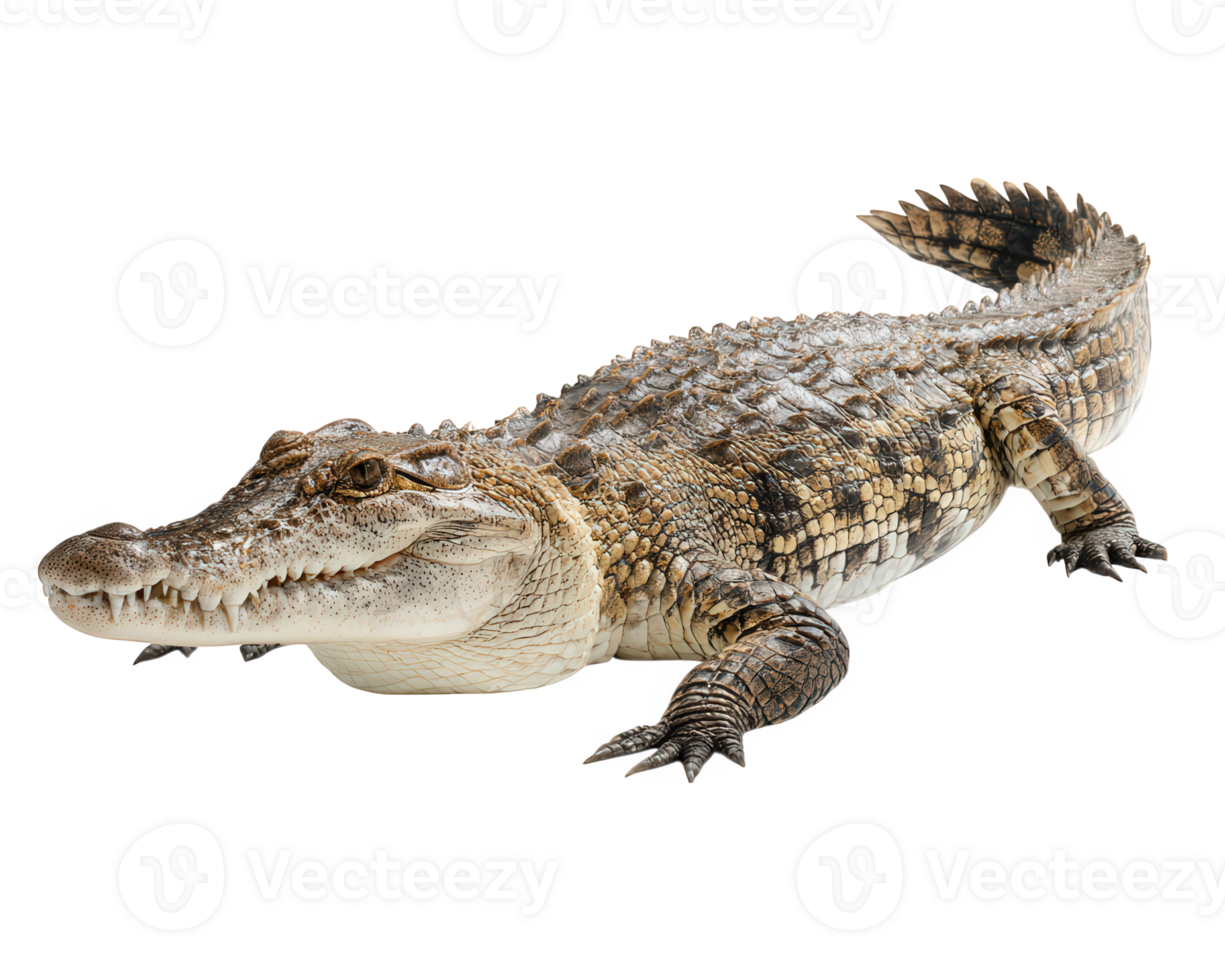 Crocodile reptile isolated on transparency background, large scaly animal with powerful jaw, sharp teeth, rough textured skin, wild predator, dangerous and alert expression png