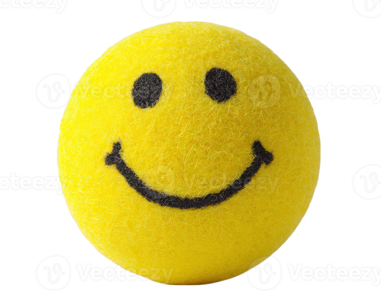 Yellow tennis ball with cheerful smiley face, isolated on transparency background, evokes happiness and positivity, perfect for playful and uplifting concepts png