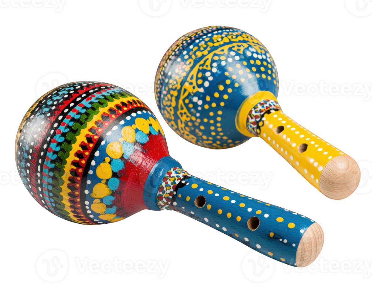 Colorful maracas pair with hand painted patterns, wooden handles, and vibrant blue, yellow, and red design, isolated on transparency background, festive and cheerful musical instrument png