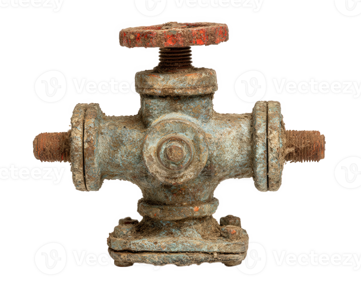 Old rusty metal valve with red handle, isolated on transparency background, industrial object showing corrosion and weathered texture, suitable for plumbing, repair, or vintage mechanical themes png