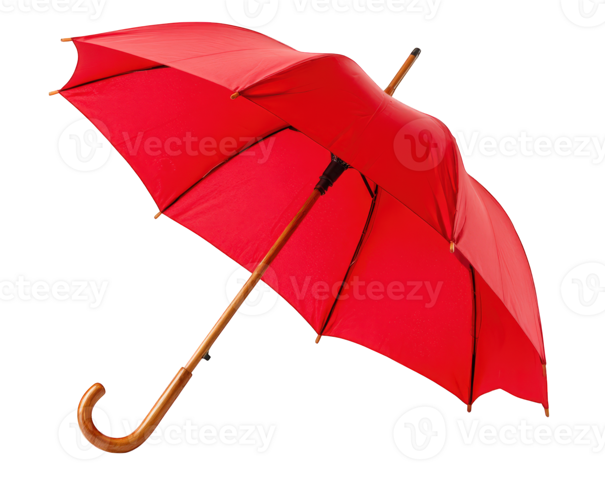Red umbrella wooden handle curved open isolated transparency background rain protection classic style vibrant accessory png
