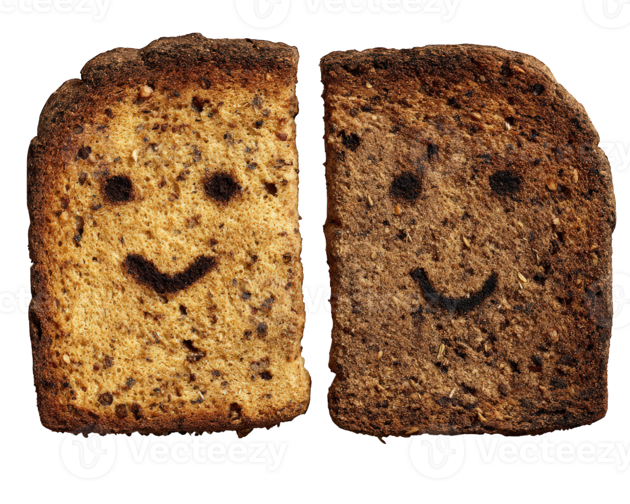 Two slices of toasted bread with smiling faces painted on them, isolated on transparency background, evoke cheerful and playful mood, perfect for breakfast or snack concepts png