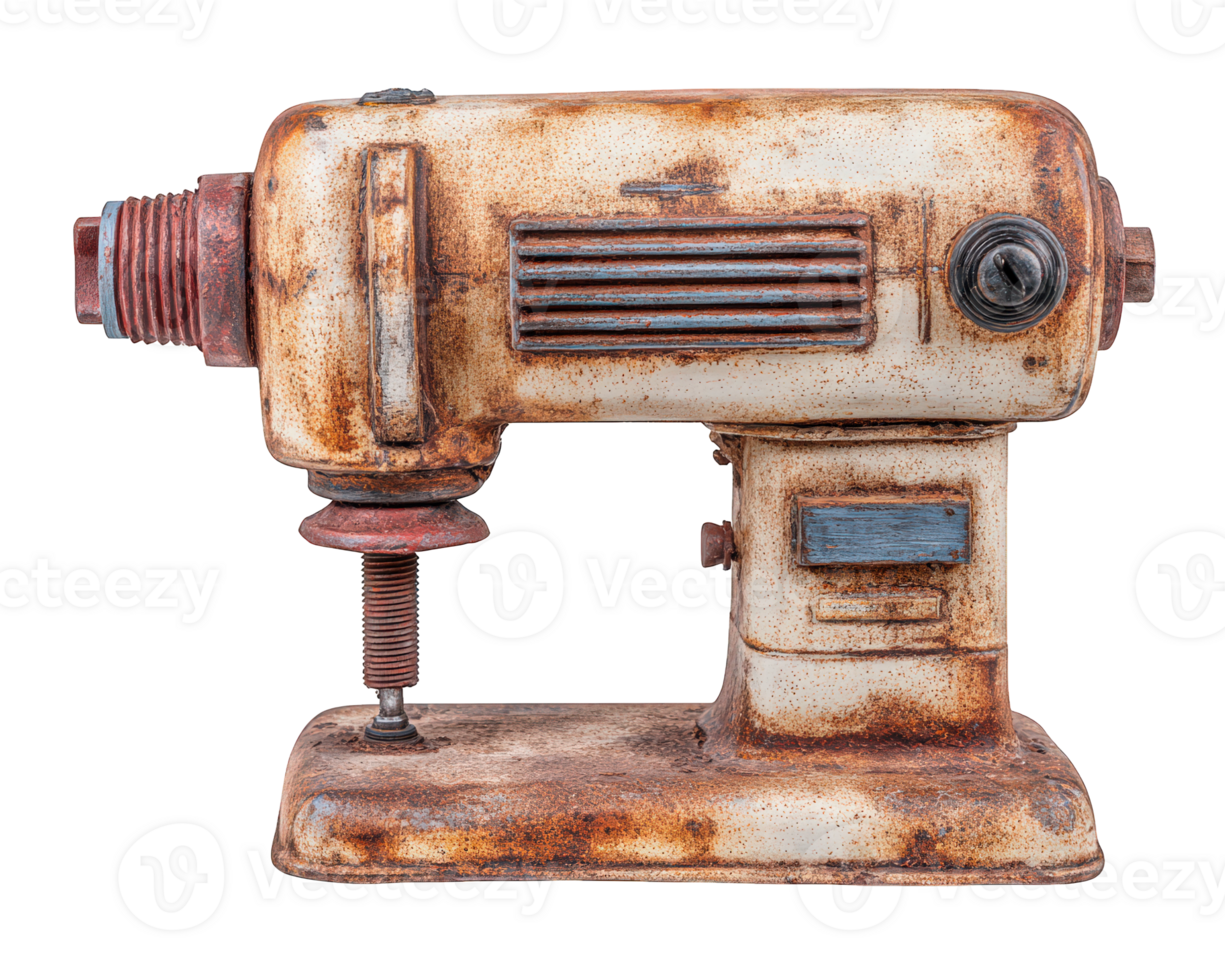 Vintage sewing machine rusty metal retro industrial style isolated on transparency background textured surface nostalgic mechanical object aged appearance horizontal orientation png