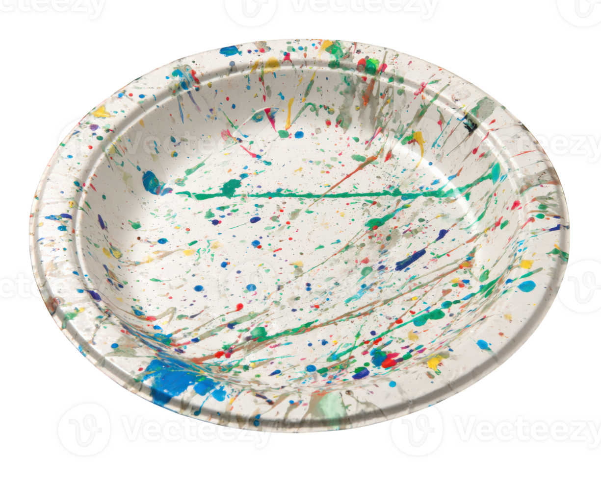 Colorful abstract disposable plate with vibrant paint splatter design round shape transparency background creative playful artistic modern isolated on white png