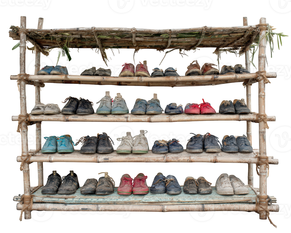 Bamboo shoe rack with multiple levels holding various old shoes, rustic and natural style, isolated on transparency background, organized storage solution, earthy and practical png