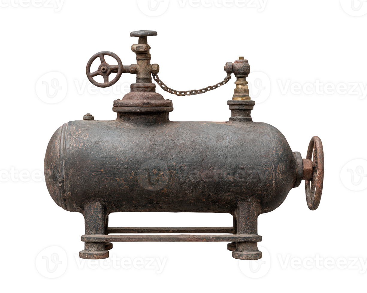 Old metal gas tank rusty industrial object isolated on transparency background vintage machinery horizontal orientation aged texture mechanical valve nostalgic mood png