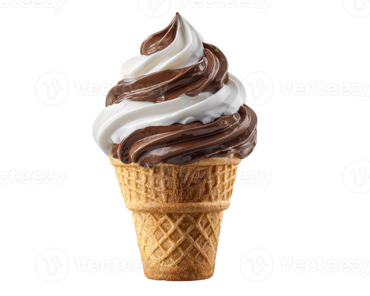 Chocolate and vanilla soft serve ice cream cone with waffle cone, creamy texture, swirled pattern, isolated on transparency background, delicious and sweet dessert treat png