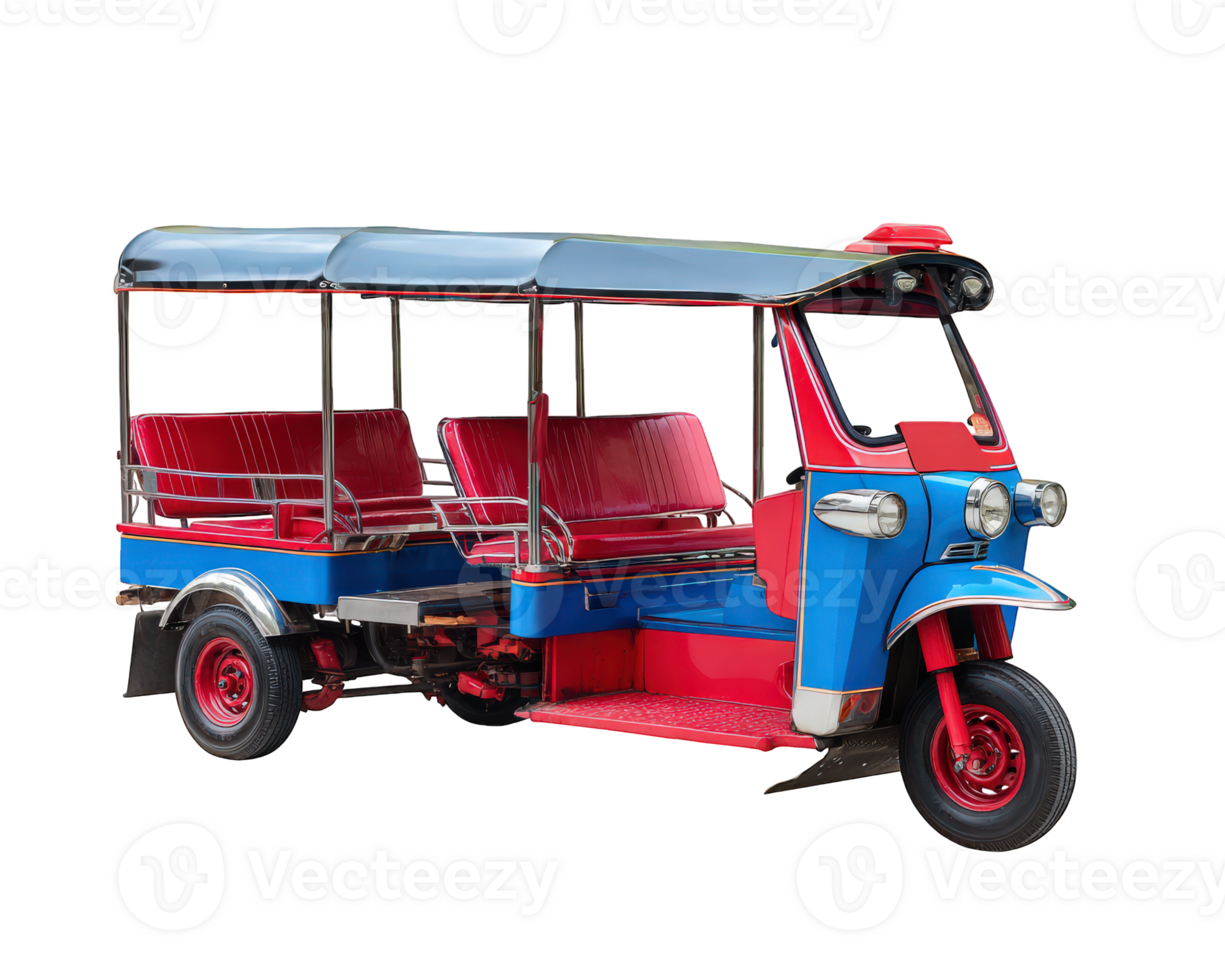 Colorful tuk tuk vehicle with open sides, red and blue body, three wheels, and metal roof, commonly used for public transportation in Southeast Asia, isolated on transparency background png