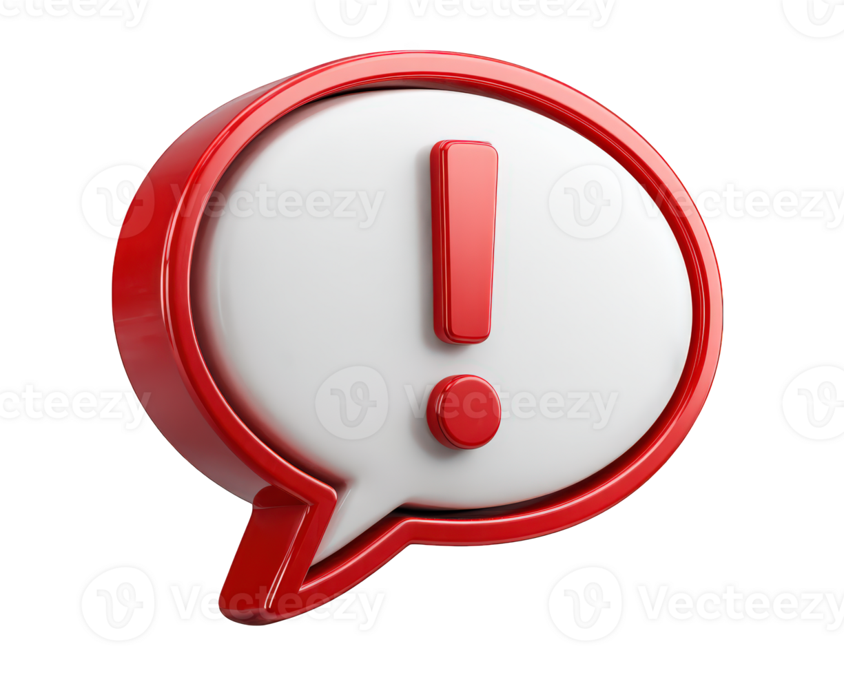 Red speech bubble with exclamation mark 3D illustration isolated on transparency background symbolizing alert warning or important message modern design attention grabbing visual png