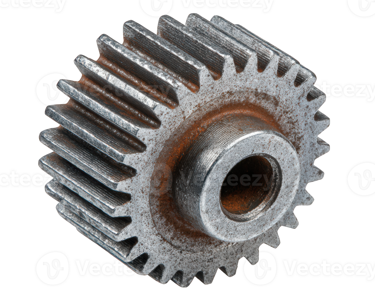 Metal gear industrial cog mechanical part steel rust isolated transparency background engineering machinery object closeup. Aged metal gear with visible rust isolated transparency background png