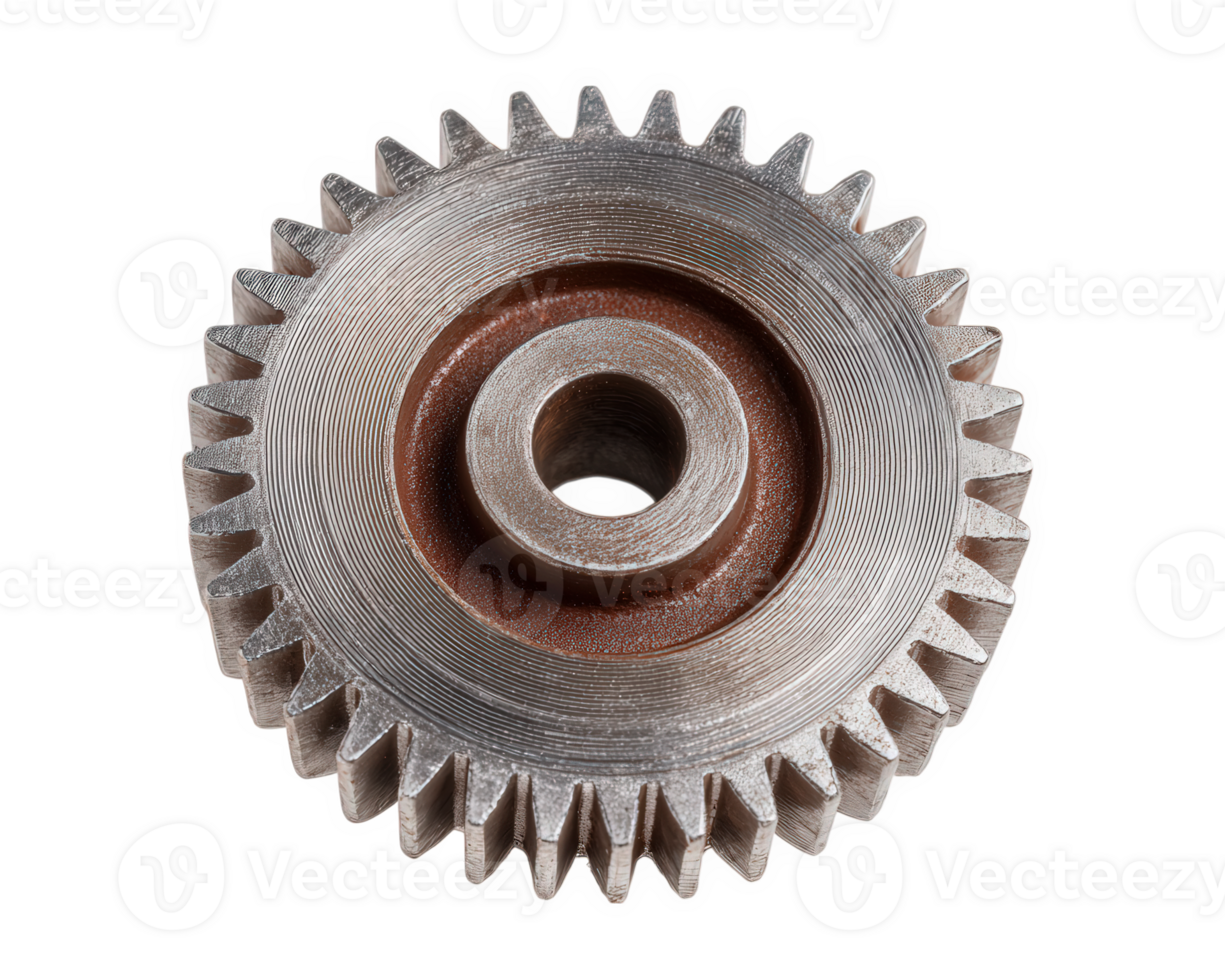 Metal gear wheel isolated on transparency background, industrial mechanical part with sharp teeth, circular shape, silver color, used in machinery, engineering, and manufacturing png