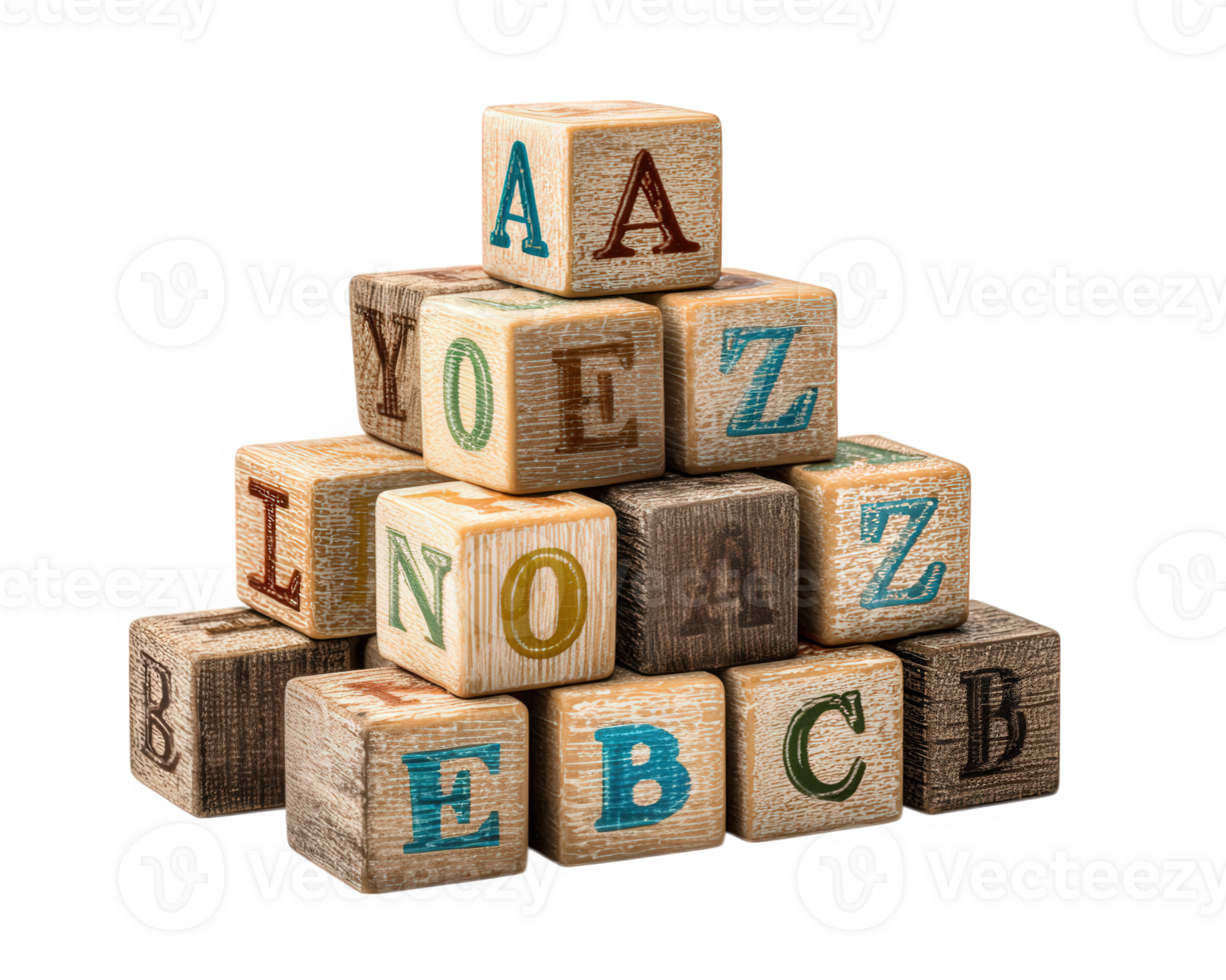 Wooden alphabet blocks stacked in pyramid shape, featuring colorful letters and playful, nostalgic feel, isolated on transparency background, perfect for early childhood education concepts png