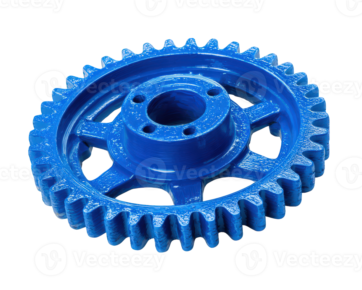 Blue gear metal cog industrial object isolated mechanical part engineering round shiny technology machinery closeup vibrant color precision equipment tool png