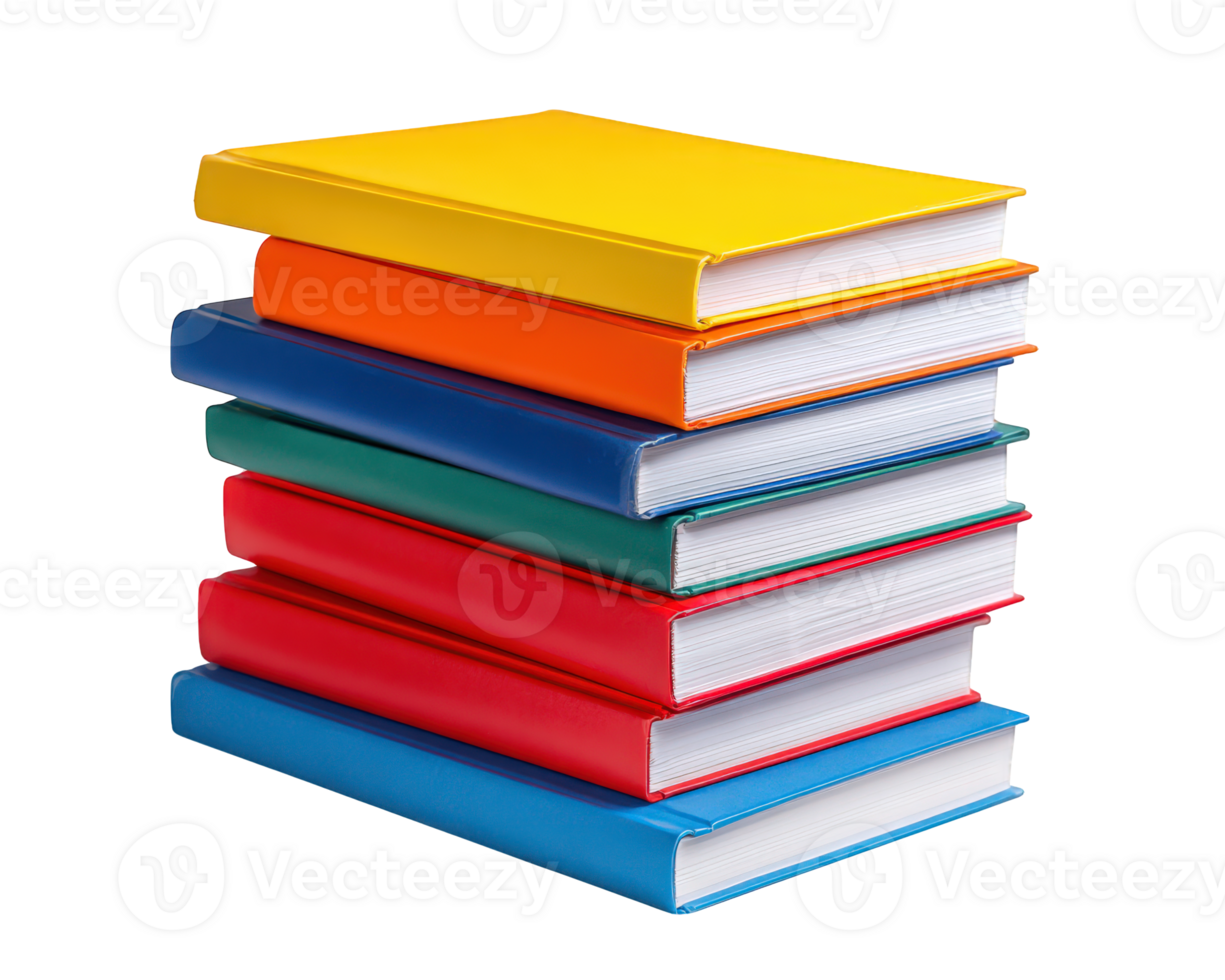 Stack of colorful hardcover books isolated on transparency background, vibrant educational objects for learning, study, or library concepts, cheerful and organized arrangement png