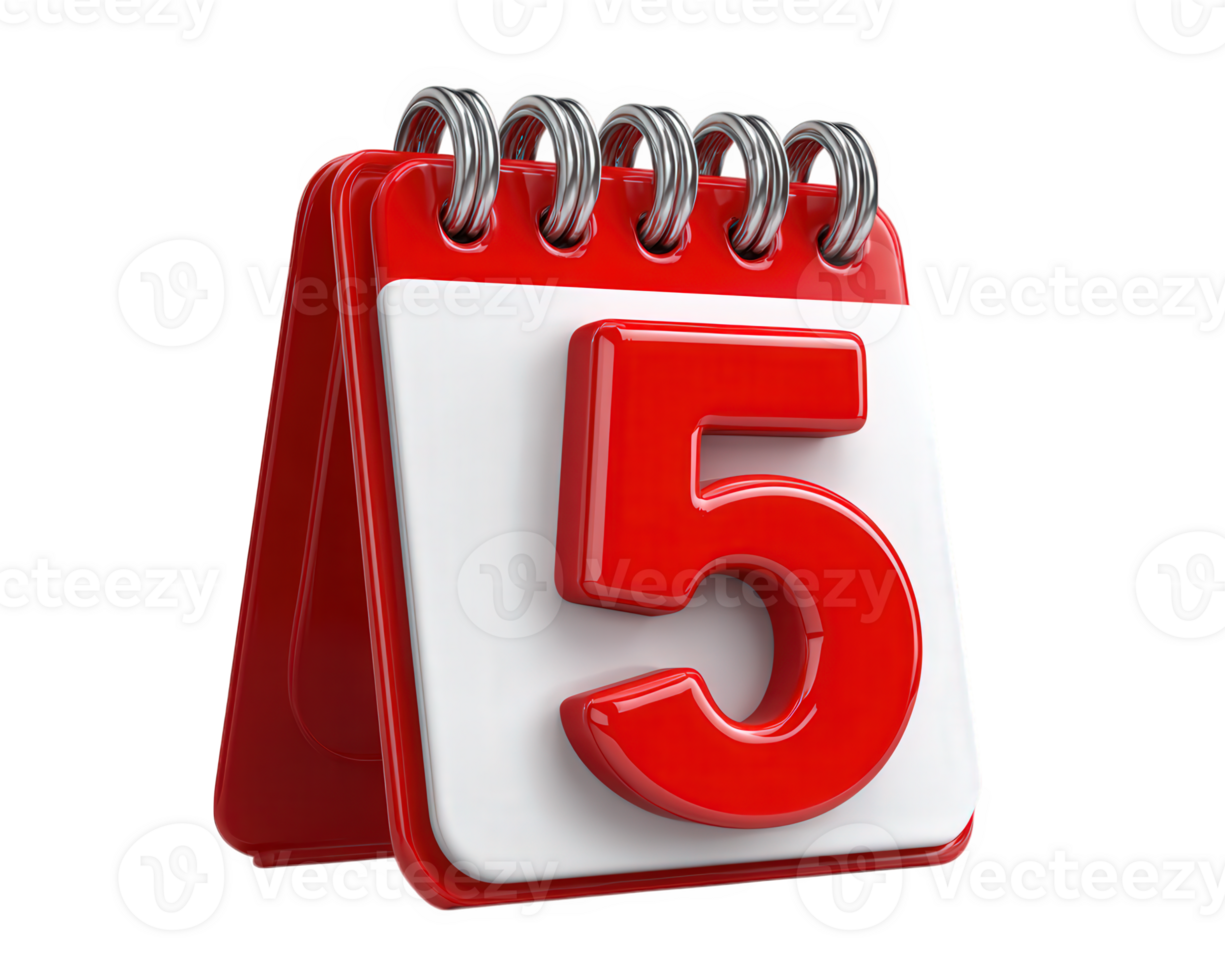 Red calendar icon spiral bound with large bold number five isolated on transparency background modern design 3D illustration clean and simple suitable for date or schedule concepts png
