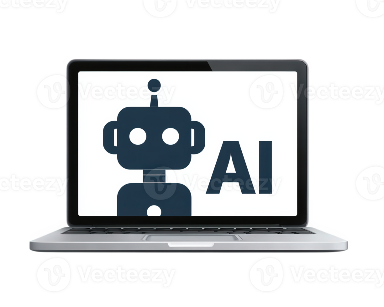 il computer portatile robot artificiale intelligenza digitale tecnologia schermo moderno innovazione Schermo dispositivo. il computer portatile computer Spettacoli digitale robot icona e ai testo schermo che rappresentano moderno artificiale png