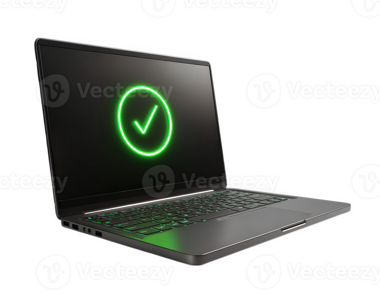 Laptop with green digital verify symbol on screen modern technology secure access glowing checkmark isolated on transparency background futuristic positive approval low resolution png