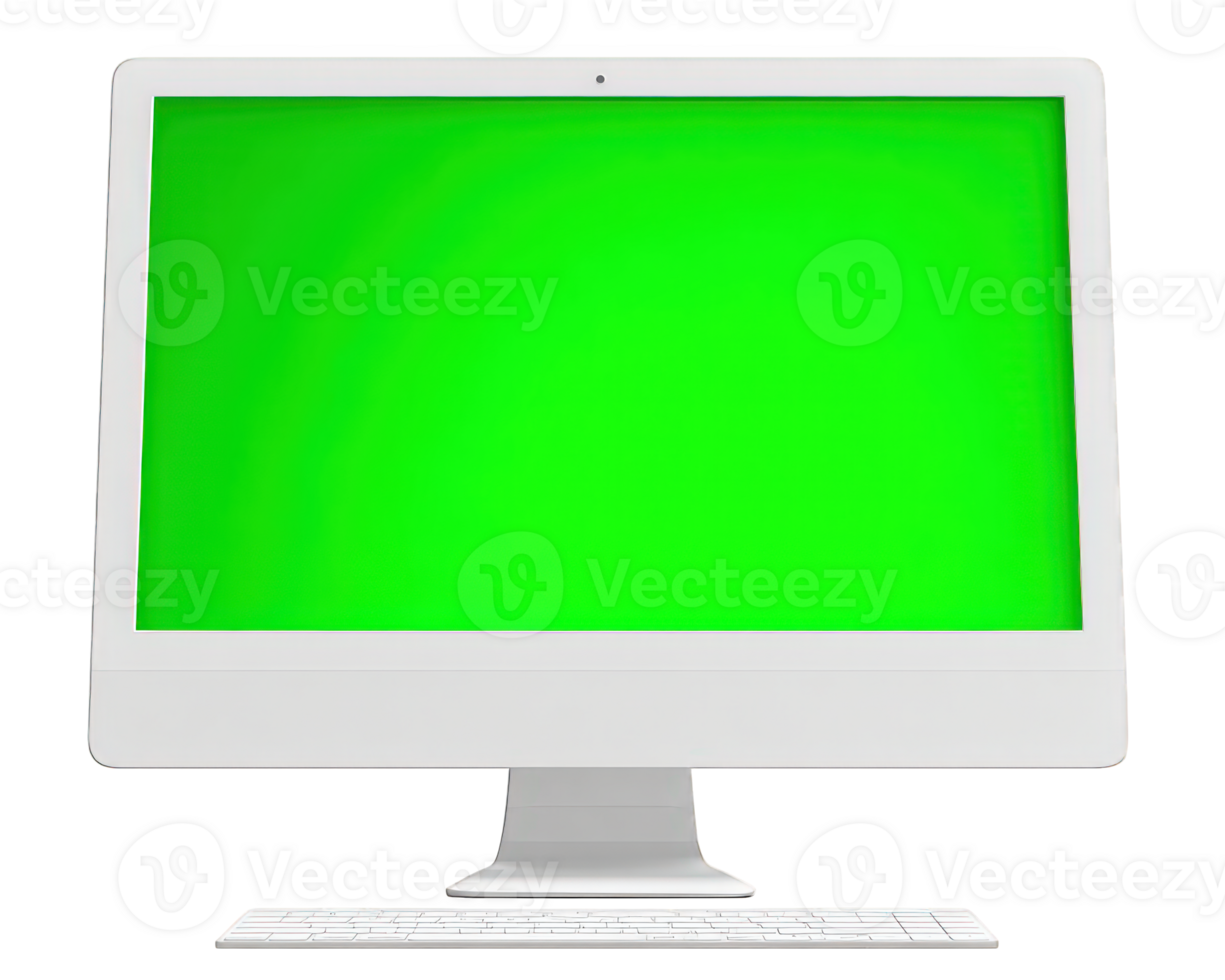 White computer monitor with green screen, modern desktop display, isolated on transparency background, technology concept, blank screen for design, digital workspace, clean and minimal style png